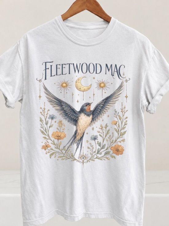 Gildan Tops - White Fleetwood Mac Band Graphic Bird and Moon T-Shirt